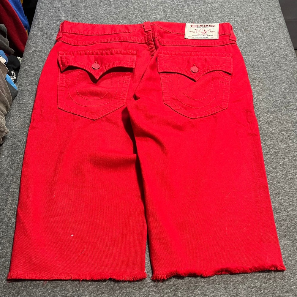 True Religion Mens Red Cut-Off Denim Shorts Size 36 Horseshoe Flap Pocket
